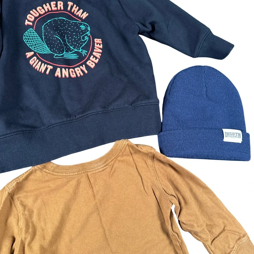 Duluth Trading Co Toddler Boys 3pc Set Hoodie‎ Tee Beanie Black Brown 2T 3T